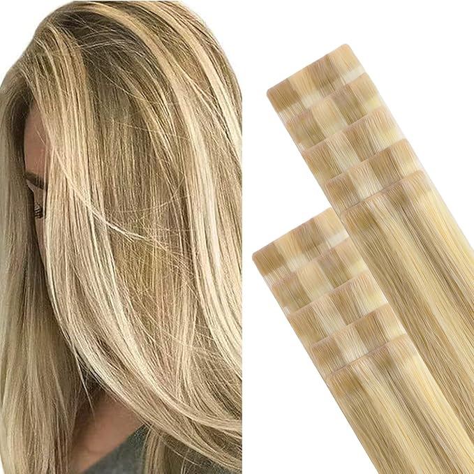 GOO GOO Invisi Edge Tape in Hair Extensions Human Hair, 16/22 Light Blonde Highlighted Golden Blonde, 10pcs 22inch 30g, Virgin Remy Hair, Seamless Injected Tape, Natural Look