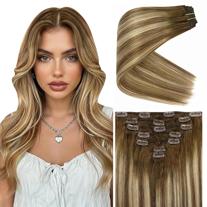 Ve Sunny Balayage Clip in Hair Extensions Human Hair Clip in Extensions Brown Clip in Human Hair Extensions Chestnut Brown with Platinum Blonde Hair Extensions for Holiday Party 120g 7pcs 24inch