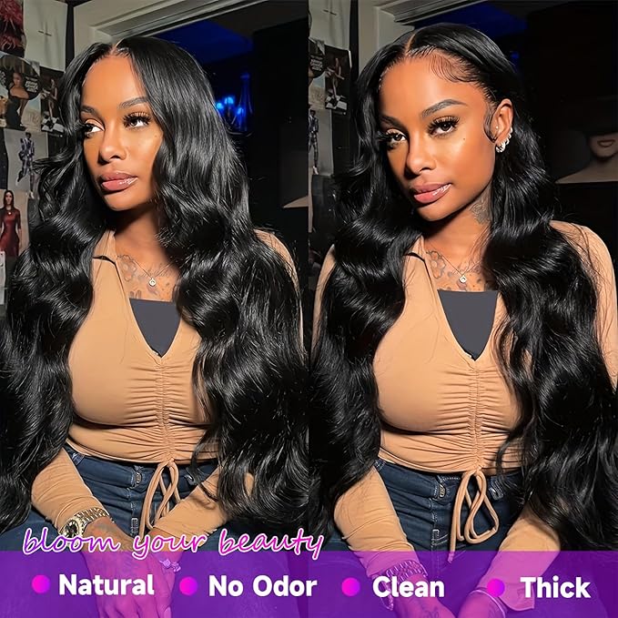 34 Inch 13x6 HD Body Wave Lace Front Wigs Human Hair Pre Plucked 200 Density Brazilian Virgin Human Hair Wigs for Women Glueless Lace Frontal Wig Natural Black Body Wave Wig