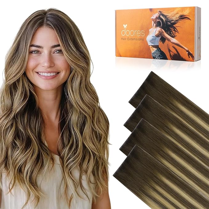 DOORES Invisi Edge Tape in Wide Hair Extensions Human Hair, Chocolate Brown to Caramel Blonde 4PCS Injection Tape ins 20g 18 Inch, Virgin Human 3 Inch Wide Injected Extensions Invisible