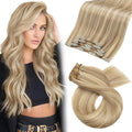 Moresoo Clip in Hair Extensions Real Human Hair Double Weft Human Hair Clip in Extensions Straight Dark Ash Blonde Highlight with Golden Blonde 5pcs 80g 16inch