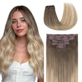 GOO GOO Clip in Hair Extensions Real Human Hair, Remy Human Hair Extensions Clip ins for Women, Natural Human Hair, 14inch 120g 7 Pcs, #9/18J/60 Chocolate Brown to Champagne Blonde Balayage