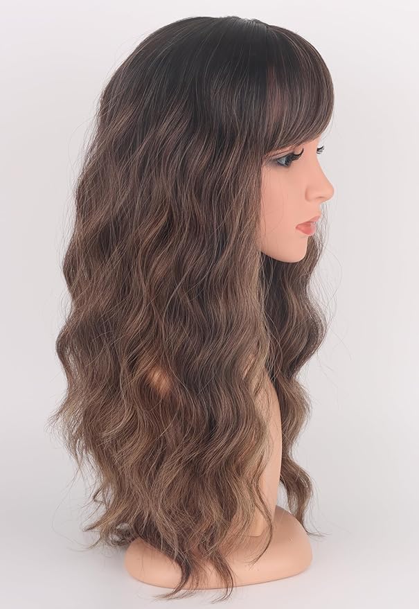 Ombre Brown Wavy Wigs With Bangs, Medium Long Synthetic Hair Replacement Wigs for Daily Use, 18 Inch