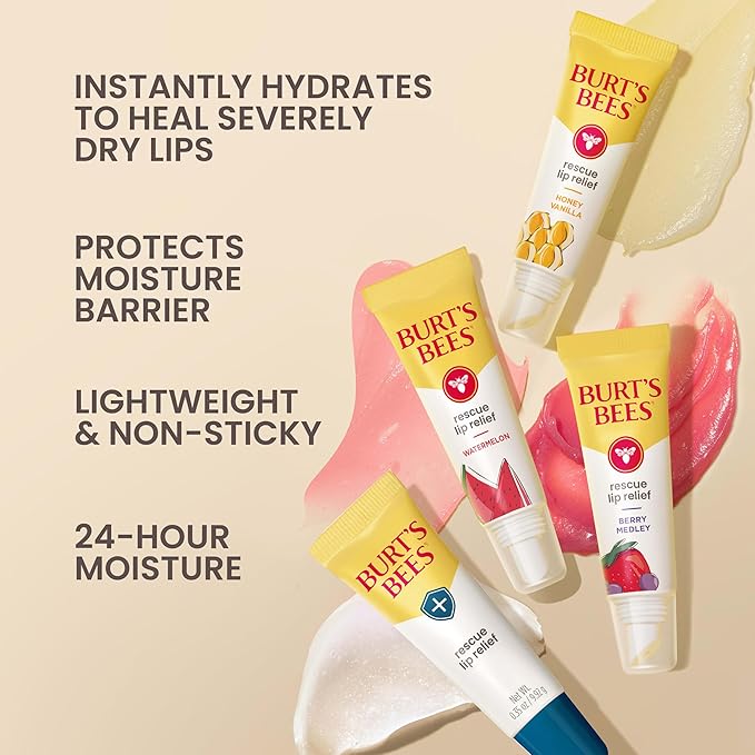 Burt's Bees Rescue Lip Relief, Berry Medley, Hydrating Lip Balm for Dry Cracked Lips, with Responsbily Sourced Beeswax and Shea Butter, 100% Natural Origin, 1 Squeezy Tube, 0.35oz