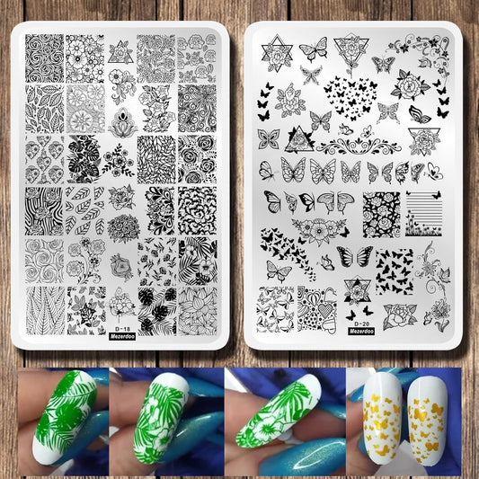 2Pcs Butterfly Rose Steel Nail Stamping Plates Flower Leaf Image Geometric Polish Stencil Accessories Tool 14.5×9.5cm Big Size Nail Art Template