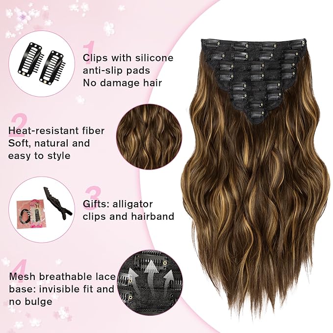 Clip in Hair Extensions, 8PCS 16 Inch Wavy Dark Brown Hair Extensions Clip Ins Mix Blonde, Synthetic Hairpieces for Women