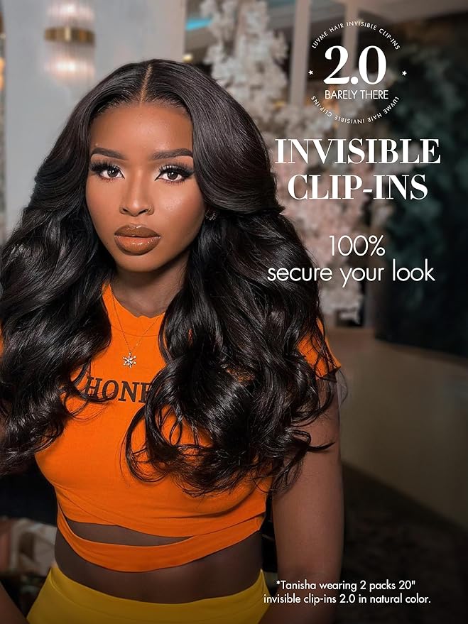 LUVME Invisible Clip in Hair Extensions,Body Wave 14 Inch 2 Pack 220g 12pcs Human Hair Invisible Clip ins Hair Extensions Natural Black Hair for Women