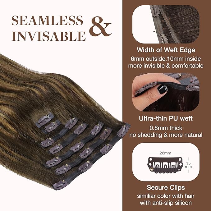 GOO GOO Clip in Hair Extensions Real Human Hair, Remy Human Hair Extensions Clip ins for Women, Natural Human Hair, 16inch 160g 9Pcs, #4/27/4 Balayage Chocolate Brown to Caramel Blonde