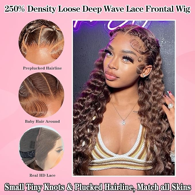 MEIMEI 250% Density HD Full Lace Front Wigs Human Hair Loose Deep Wave Chocolate Brown 15A Grade Real Full Large Lace Space Brown 13x4 Loose Wave Lace Frontal Wigs Human Hair Pre Plucked 34 Inch