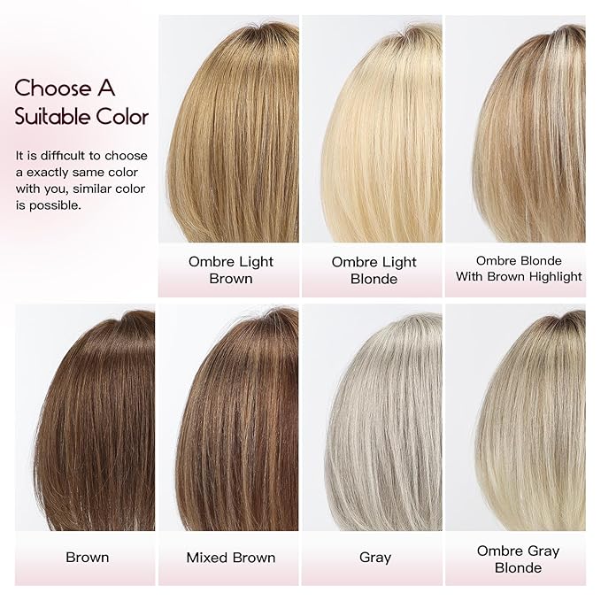 EMMOR Human Hair Toppers for Women Short Bob Real Hair with Bangs 10" Side Part Hairpieces for Women with Thin Hair 6.5" × 6.5" Larger Base Human Wig Toppers(Ombre Gray Blonde)