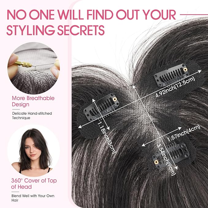 Hairro Human Hair Toppers with Side Bangs, 3D 360° Seamless Real Hair Toppers, Hand-Tied with 3.5"x4.7" T-shaped Base, Clip-In Hairpieces to Add Volume on Top, 11 Inch Natural Black