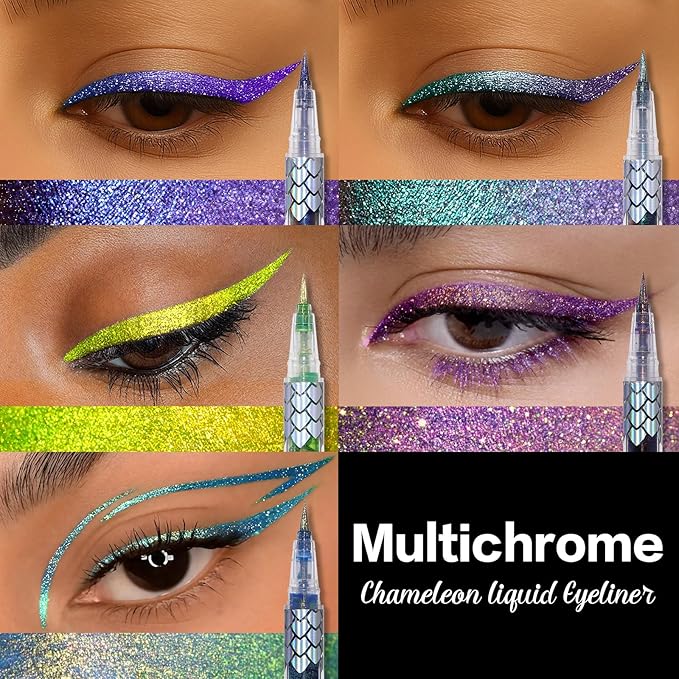 Chameleon Multi-Chrome Liquid Eyeliner, Green Blue Purple Color Shifting Shimmery Eye Liner, Waterproof Long Lasting Colored Glitter Eye Makeup Pen Eyeliners,#2 Baroque Emerald