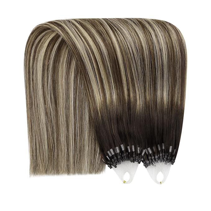 YoungSee Microbead Hair Extensions Human Hair Dark Brown Ombre Blonde Microlink Hair Extensions Human Hair Dark Brown Balayage Micro Loop Hair Extension 24 Inch 50g 50s Cold Fusion for Long Hair