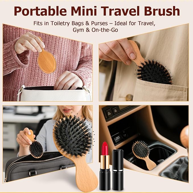 Travel Hair Brush, 3-Pack Mini Boar Bristle Hair Brush for Women - Small Portable Compact HairBrush for Girls Kids Women Best Gift, Travel Size for Purse, Vacation, Business Trips & Outings