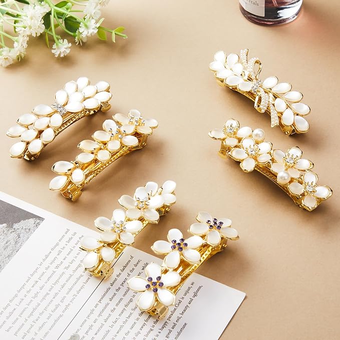 Geyoga 6 Pieces Vintage Hair Barrettes for Women Retro Flower French Pearl Crystal Rhinestones Clips Hair Pins for Women Styling Accessories(Flower Style)