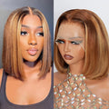 210% Density 13x6 Highlight Ombre Full Lace Frontal Bob Wig Human Hair 12A Brazilian Virgin Human Hair Pre Plucked 4/27 Honey Blonde HD Transparent Lace Glueless Wigs Human Hair 10 Inch