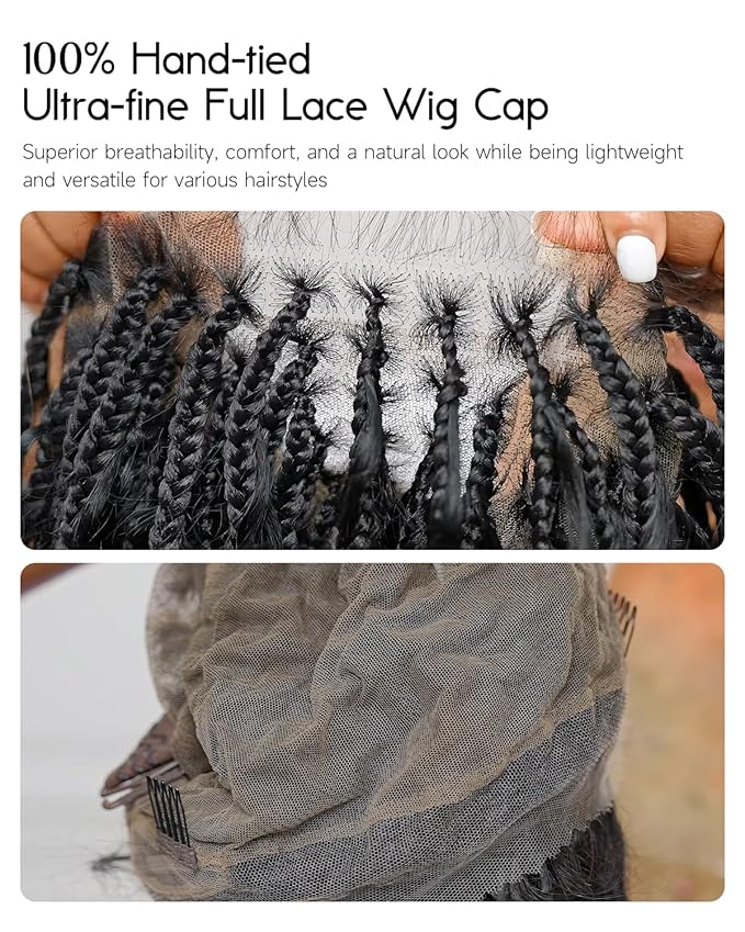 Human Hair Boho Curls Hand-Tied HD Full Lace Wig - 36" Salon-Level Small Box Synthetic Braids (100 Braids, High Density) Pre-Cut Swiss HD Lace, Pre-Plucked, Knotless - 1B/30 Ombre Brown