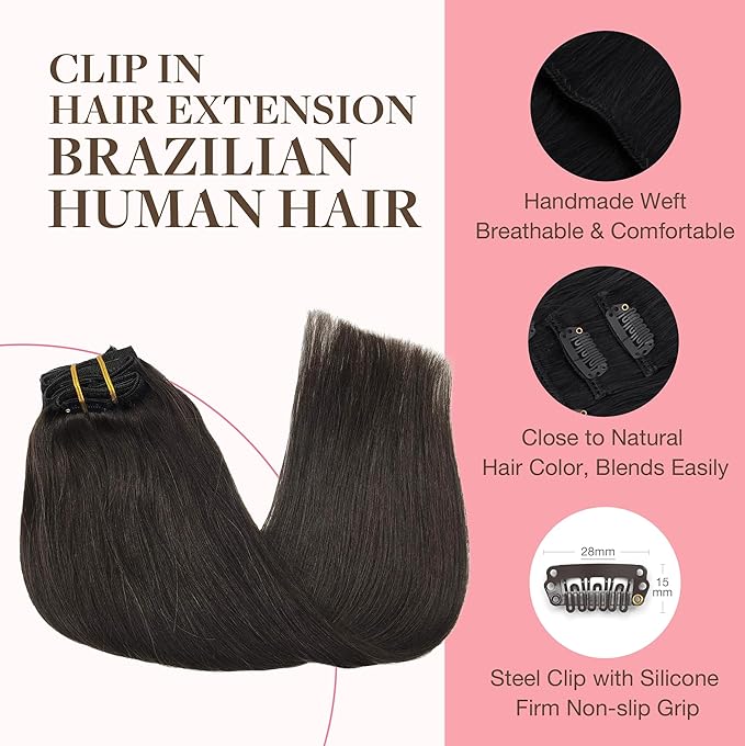 GOO GOO Clip in Hair Extensions Real Human Hair, Remy Human Hair Extensions Clip ins for Women, Natural Human Hair, 16inch 160g 7Pcs, #2 Dark Brown