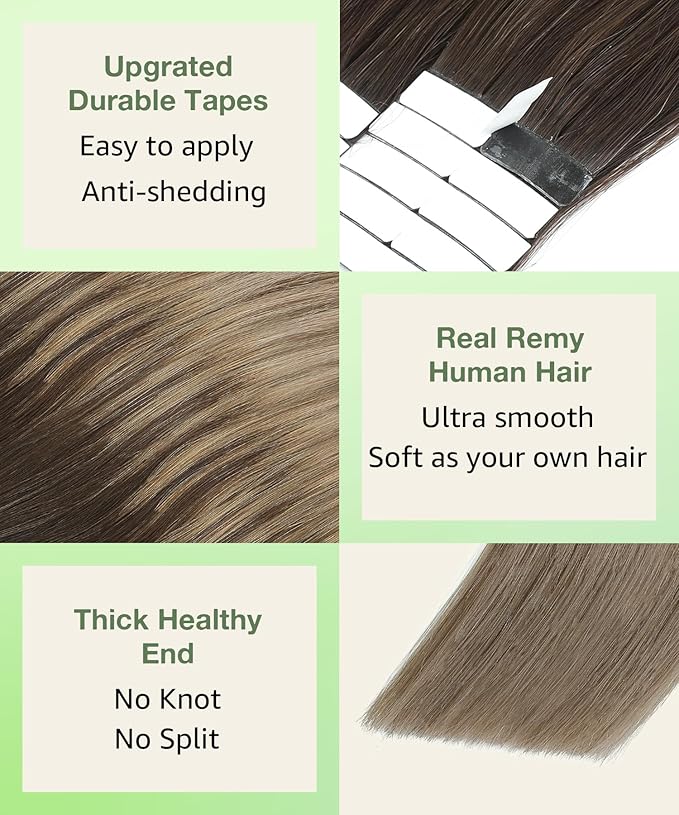 SURNEL Tape in Hair Extensions Human Hair 20 inch 2 Dark Brown Fading to 6 and 18 Ash Blonde Tape in Hair 20 pcs 50g(#2/6/18-20)
