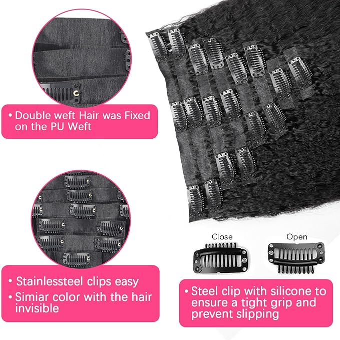New Seamless Kinky Straight Clip In Hair Extension Real Human Hair 16 Inch PU Weft Kinky Straight Clip Ins Human Hair Clip on Hair Extensions 8pcs with 18Clips Per Set 120g