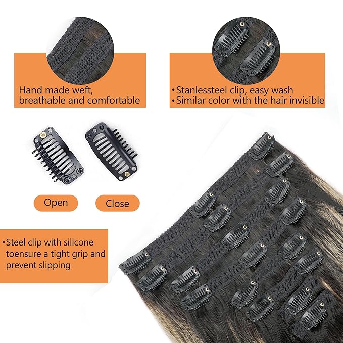 FB27 Highlight Ombre Clip In Hair Extensions Real Human Hair Straight Clip In Black to Blonde Human Hair Extensions Balayage Clip ins Remy Hair for Women 8Pcs with 18Clips Lace Weft 120g 14inch