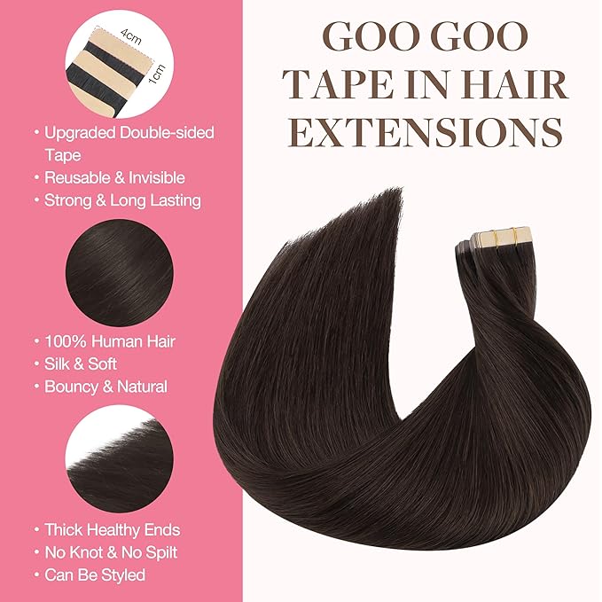 GOO GOO Tape in Hair Extensions Human Hair, 2A Light Brown, 16inch 100g 40pcs, Skin Weft Seamless Invisible, Silky Straight with Thick Ends, Remy Human Hair