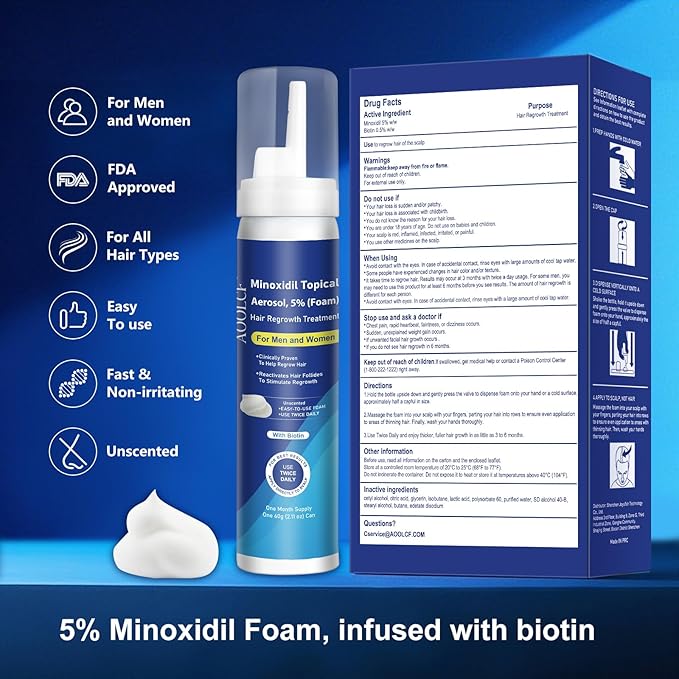 5% Topical Minoxidil Foam, Minoxidil for Men and Women, Infused with Biotin, Hair Growth Treatment, Supports Thicker and Fuller Hair & Beard (Minoxidil Foam, 6.33oz, 3 Month Supply)
