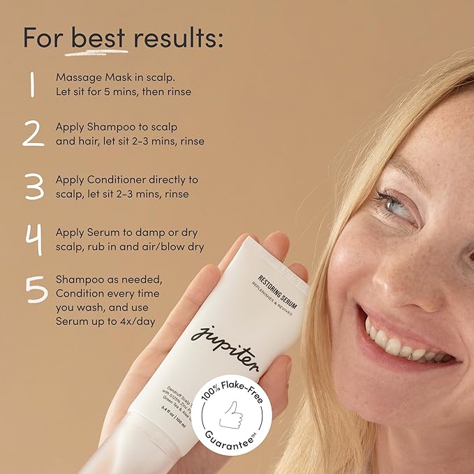 Jupiter Oil Control & Exfoliation Bundle, Anti-Dandruff Shampoo, Conditioner, Restoring Serum, & Purifying Mask for Women & Men, Dermatologist-Formulated for Flaky, Itchy, Oily, & Dry Scalp