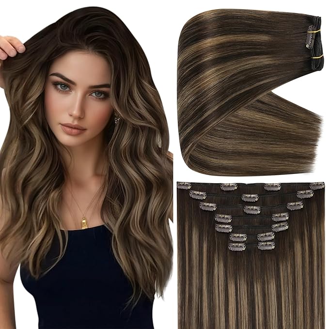 Full Shine Clip on Hair Extensions 180 G 20 Inch Dark Brown to Light Brown Hair Extensions Clip in for Styling 7 Pcs