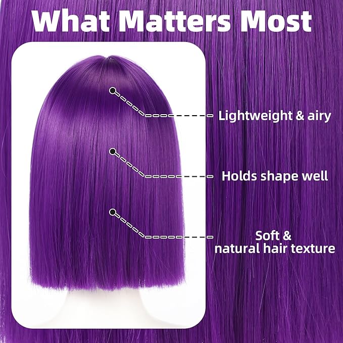 Allbell Deep Purple Wigs for Women Short Bob with Bangs Heat Resistant Synthetic Hair 12 inch for Daily Party Halloween Costume Use