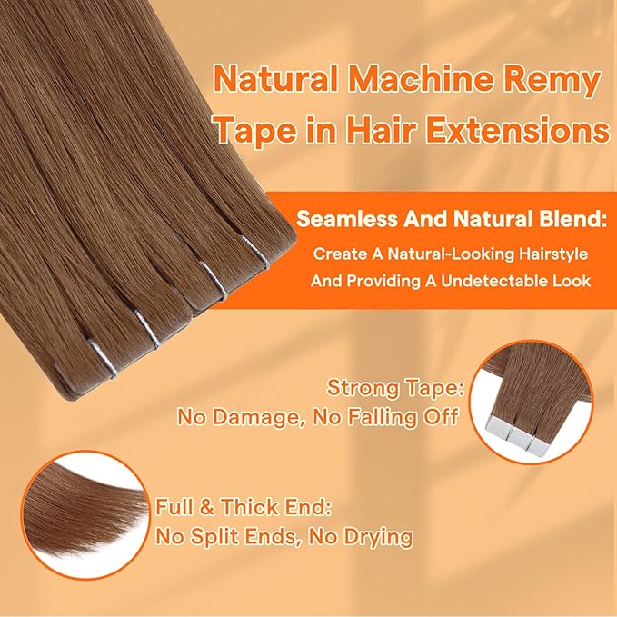 Full Shine Injected Tape in Hair Extensions Human Hair Color 330 Orange Intact Human Hair Machine Remy Invisible Tape in Hair Extension 12.5Grams 5Pcs 22 Inch No Knots in Winter for Christmas
