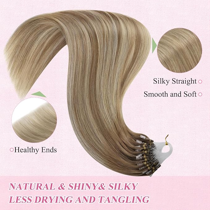 YoungSee Microbead Hair Extensions Ombre Micro Loop Hair Extensions Real Human Hair Balayage Light Brown with Blonde Micro Hair Extension Human Hair Silky Straight for Young Adults 22 Inch 50s 50g