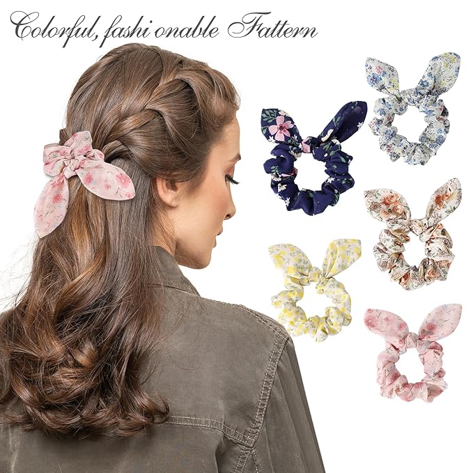 5Pcs Hair Scrunchies for Women,Bunny Ear Scrunchies Hair Ties,Cute Ponytail holder for Thick Hair,Colorful Ponytai Holder,Chiffon Hair Band,Hair Accessories for Women Girls