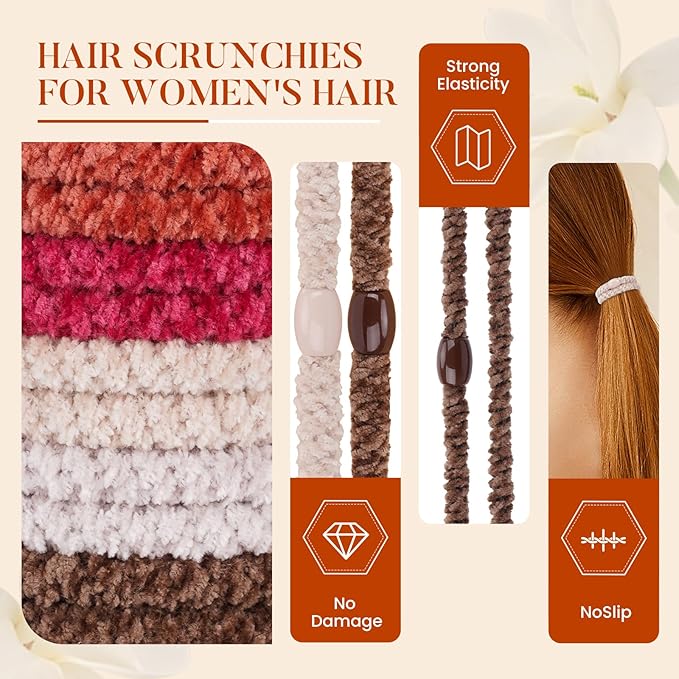 Braided Hair Ties No Damage, Soft Plush Hair Elastics, Ponytail Holders & Hair Bands for Women & Girls, Thick Hair, Stretch Wrist Bracelet Ties, Gentle All-Day Hold, Set of 10 - Ember Glow