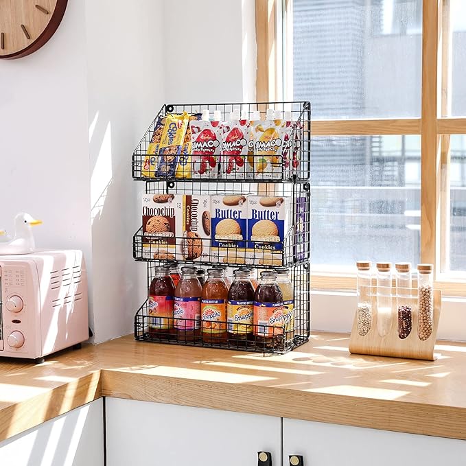 X-cosrack 3 Tier Large Stackable Snack Organizer - Versatile Wall Mounted Wire Storage Basket with Divider for Candy Chip Cans Bars - Ideal for Pantry Office Home