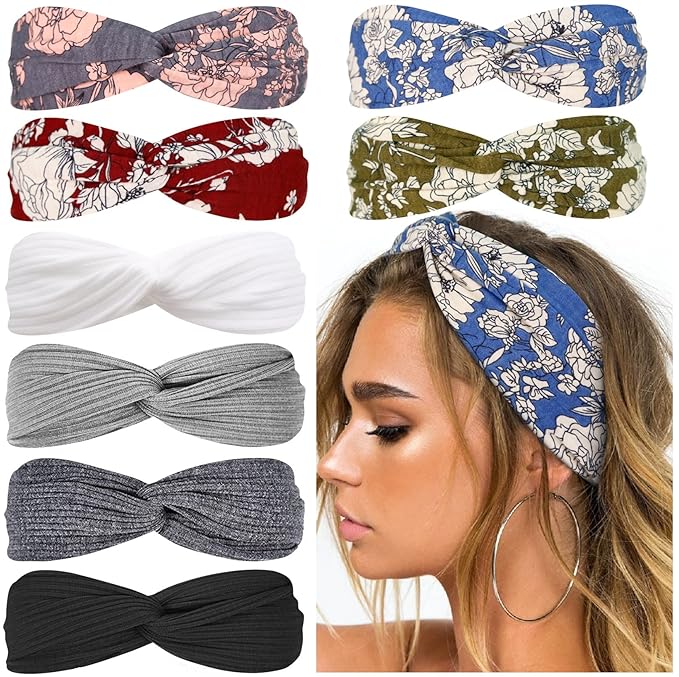 Huachi Boho Headbands for Women Twist Head Band Soft Elastic Hair Bands for Teen Girls Head Wrap Fashion Accessories, Floral Print Plus Solid Colors