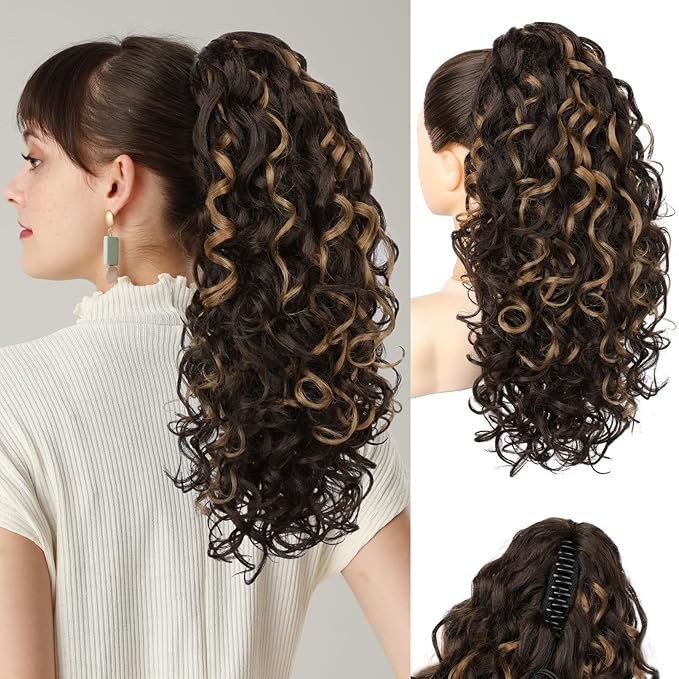 Flufymooz 100％ Pure Protein Ponytail Extension, 18 Inch Curly Claw Clip Ponytail Hair Extensions Natural Soft pony tail hairpiece for women-Brown with Deep Blonde Highlight