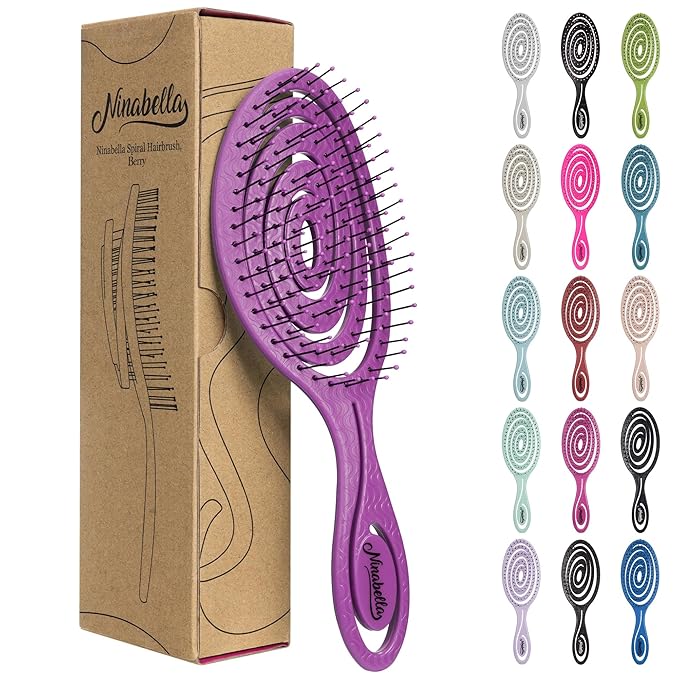 Ninabella Detangling Hair Brush for Women & Men - Does not Pull - Straightening Brushes for Straight, Curly & Wet Hair - Vented Unique Spiral Hairbrush - Berry