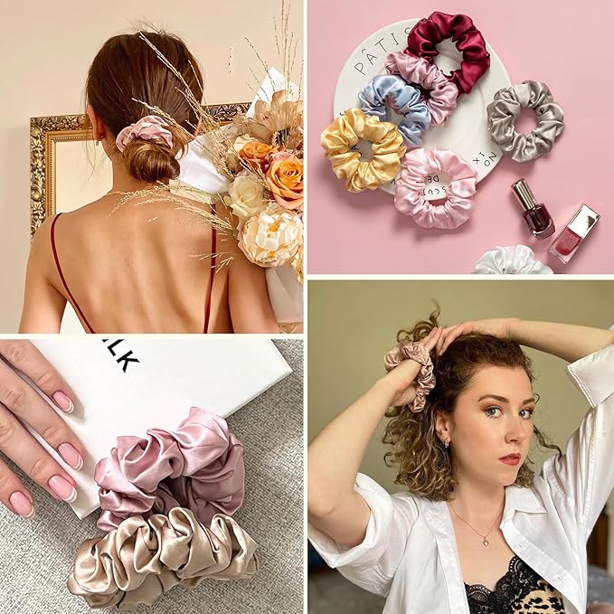 LILYSILK Silk Hair Scrunchies/Ties for Frizz & Breakage Prevention, 100% Mulberry, No Damage, Elastic ponytail Holders, 5PC, Fixed Colors (Black+Light Coffee+Bright Coffee+Caramel+Chocolate)