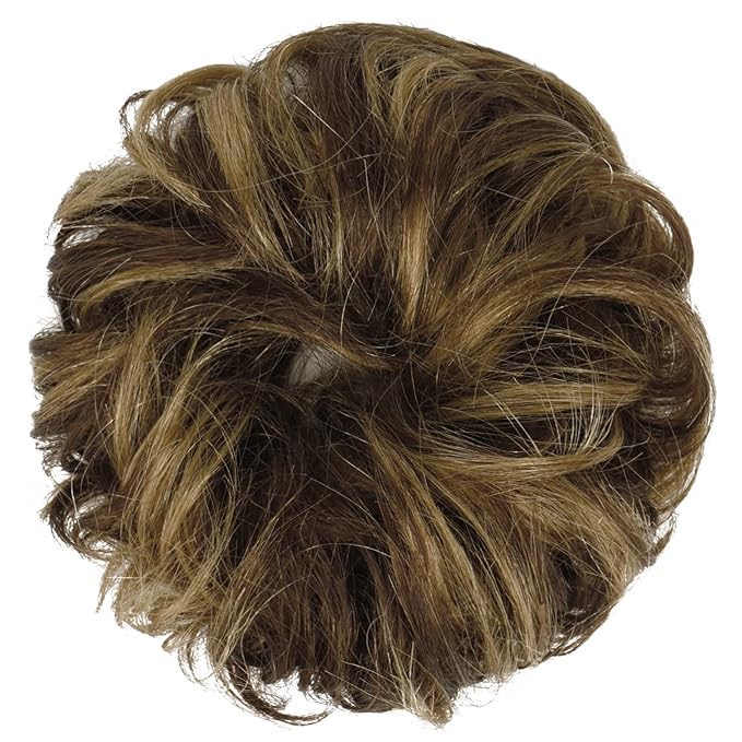 FESHFEN Human Messy Buns - 100% Human Hair Bun Real Scrunchies Hair Pieces Ponytail Extensions Wavy Tousled Updo Chignon Hairpieces for Women, Brown Mixed Blonde