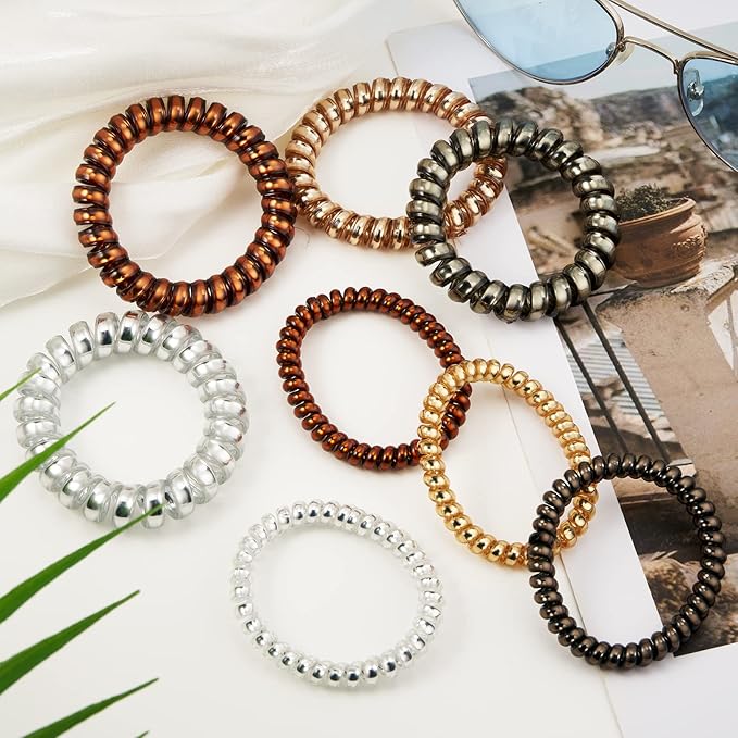 Metallic Luster Spiral Hair Ties, 8 Pcs - Thin, No Crease Phone Cord Hair Ties for Women with Thick Hair, Ponytail Holders, Waterproof, Smooth and Hygienic for All Hair Types