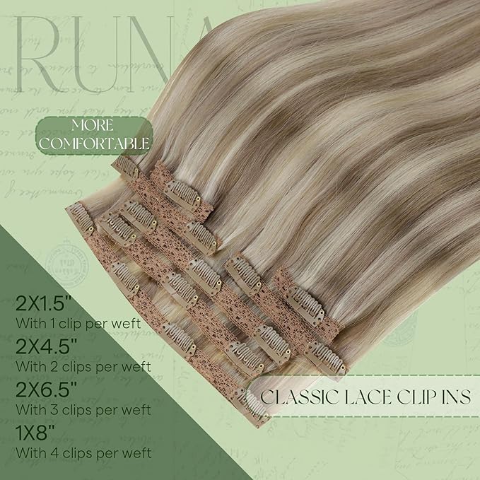 RUNATURE Clip in Hair Extensions, Real Human Hair Clip in Extensions Blonde, Straight Remy Hair, No Shedding Tangle Free, 18 Inch 120g 7pcs #8P60 Ash Brown Highlight Platinum Blonde