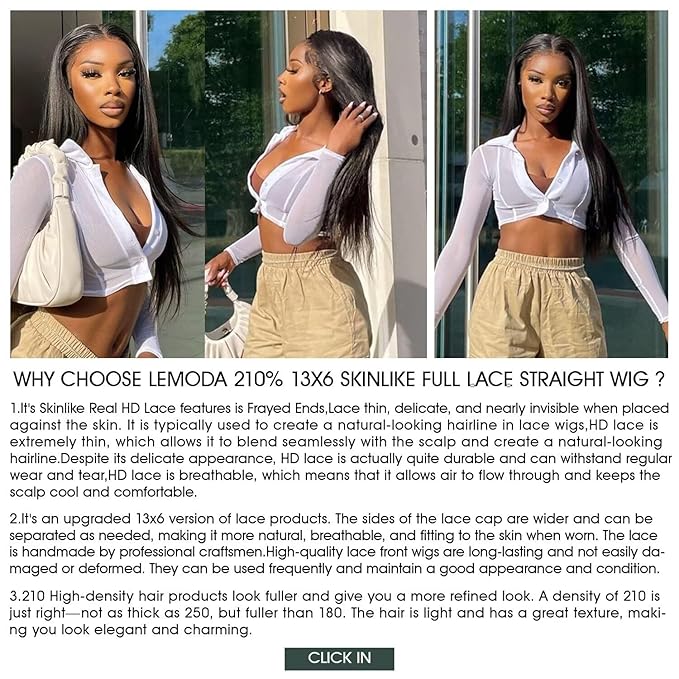 Lemoda Full 13x6 SKINLIKE Real HD Lace Frontal Wigs 210% Density 24Inch 15A Straight 13x6 Full Lace Frontal Virgin Human Hair Wigs Invisible 0.1mm Ultra-thin Knots Frayed Ends Lace Wig Pre plucked