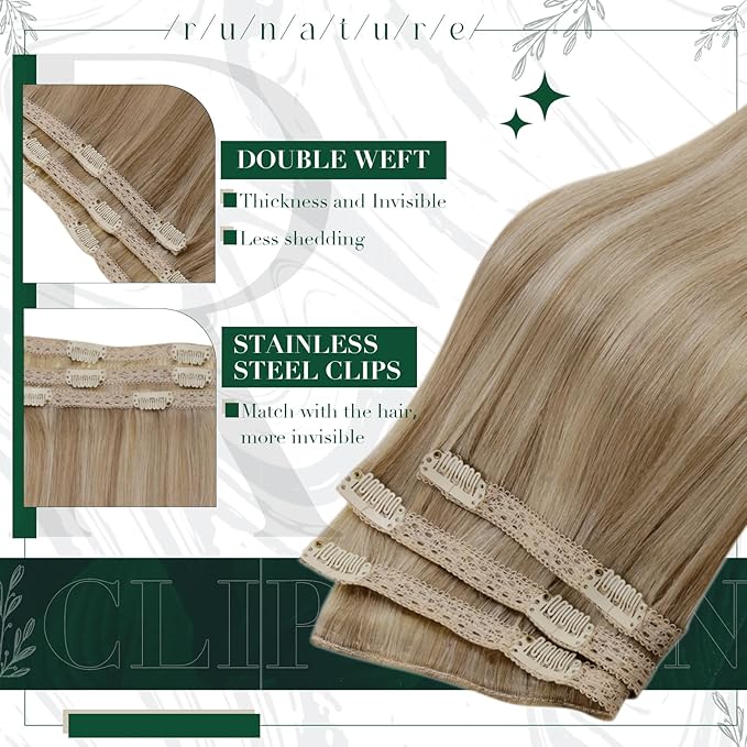 RUNATURE Clip in Hair Extensions Real Human Hair, Natural Hair Extensions Clip Ins, Remy Human Hair for Women Double Weft 20 Inch 50g 3pcs #16P22 Dark Ash Blonde Highlight Light Blonde