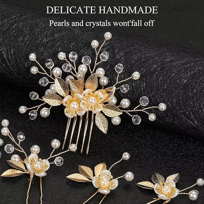 Wedding Hair Pins - Elegant Pearl Leaf Crystal Hair Accessories for Bridal Women (Gold)
