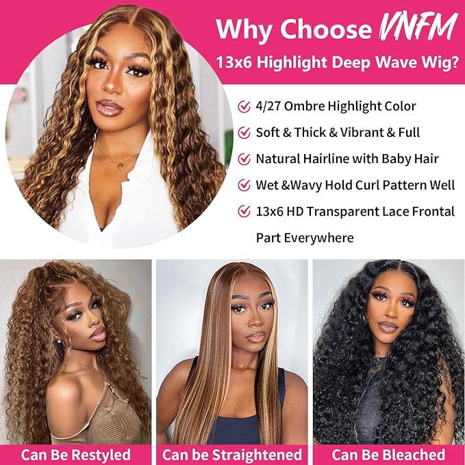 30 Inch Highlight Ombre Deep Wave Lace Front Wig Human Hair Honey Blonde 13x6 HD Lace Frontal Wigs 200 Density 4/27 Curly Wigs Human Hair for Women