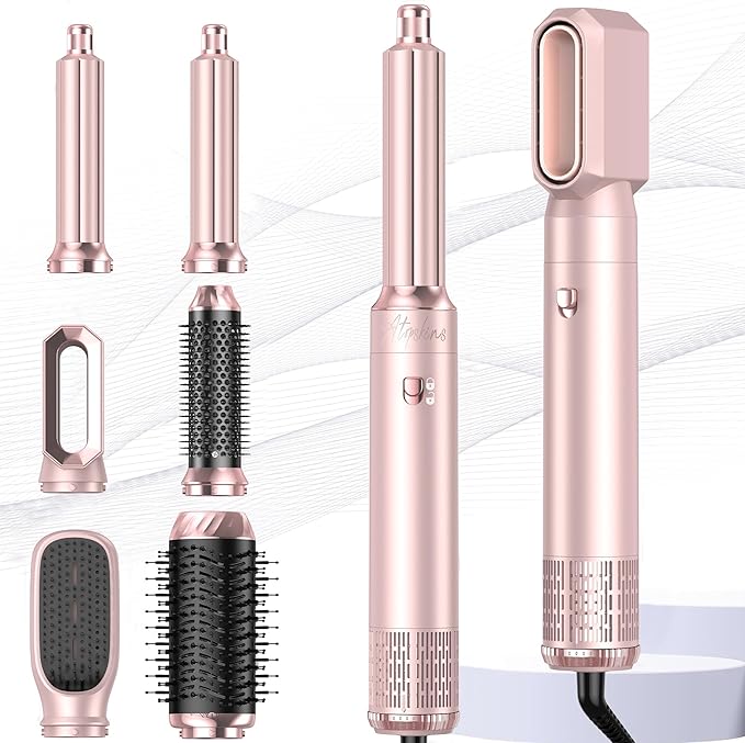 6 in 1 Hair Dryer Brush, Detachable Air Styler, 3 Heat Settings Blow Dryer Brush Frizz-Free Volumizing, Straightening, Curling ALCI Safety Plug for Travel & Home Styling (Pink)