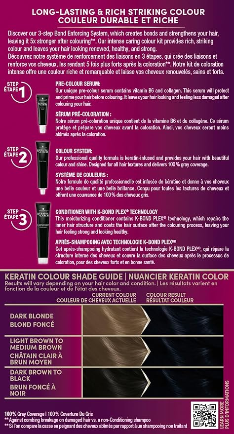 Schwarzkopf Keratin Color Permanent Hair Color, 1.1 Midnight Black, 1 Application-Professionally Inspired Permanent Hair Dye, for up to 80% Less Breakage vs Untreated Hair and up to 100% Gray Coverage