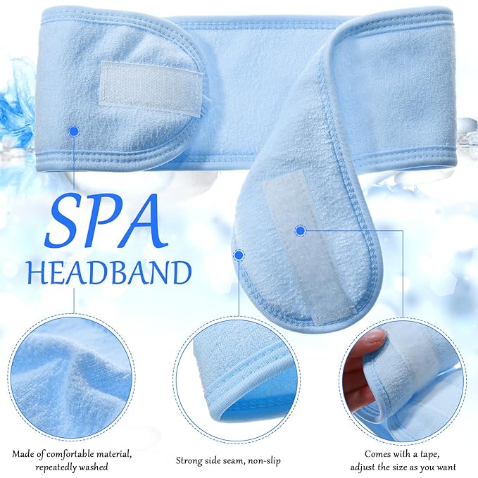 Hoteam 30 Pack Spa Headband Facial Esthetician Hair Wrap for Women Adjustable Makeup Sports Shower Stretch Towel with Tape(Blue)