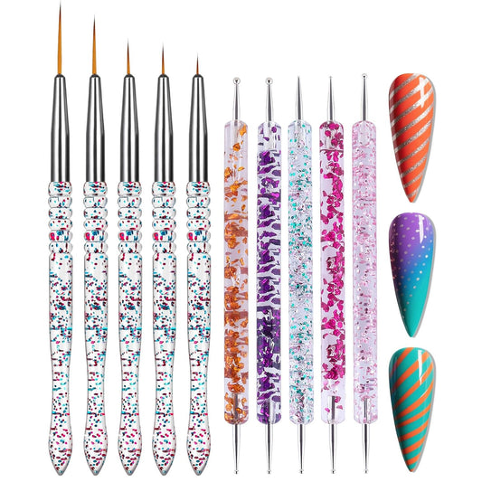 Artdone 10pcs Nail Art Brushes Set, Dotting Tools,Striping Brushes for Long Lines, Thin Details, Sculpting Pattern Tracing Stylus, Ball Embossing Stylu,Fine Drawing Pen For Gel Polish Design Supply